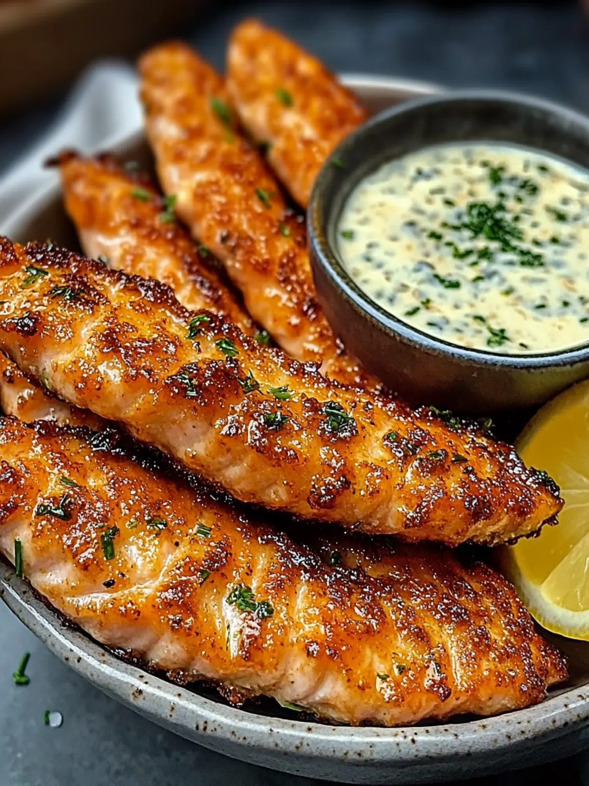 Crispy Salmon Strips with Herb Tartar Dip for Effortless Elegance 2 Crispy Salmon Strips with Herb Tartar Dip