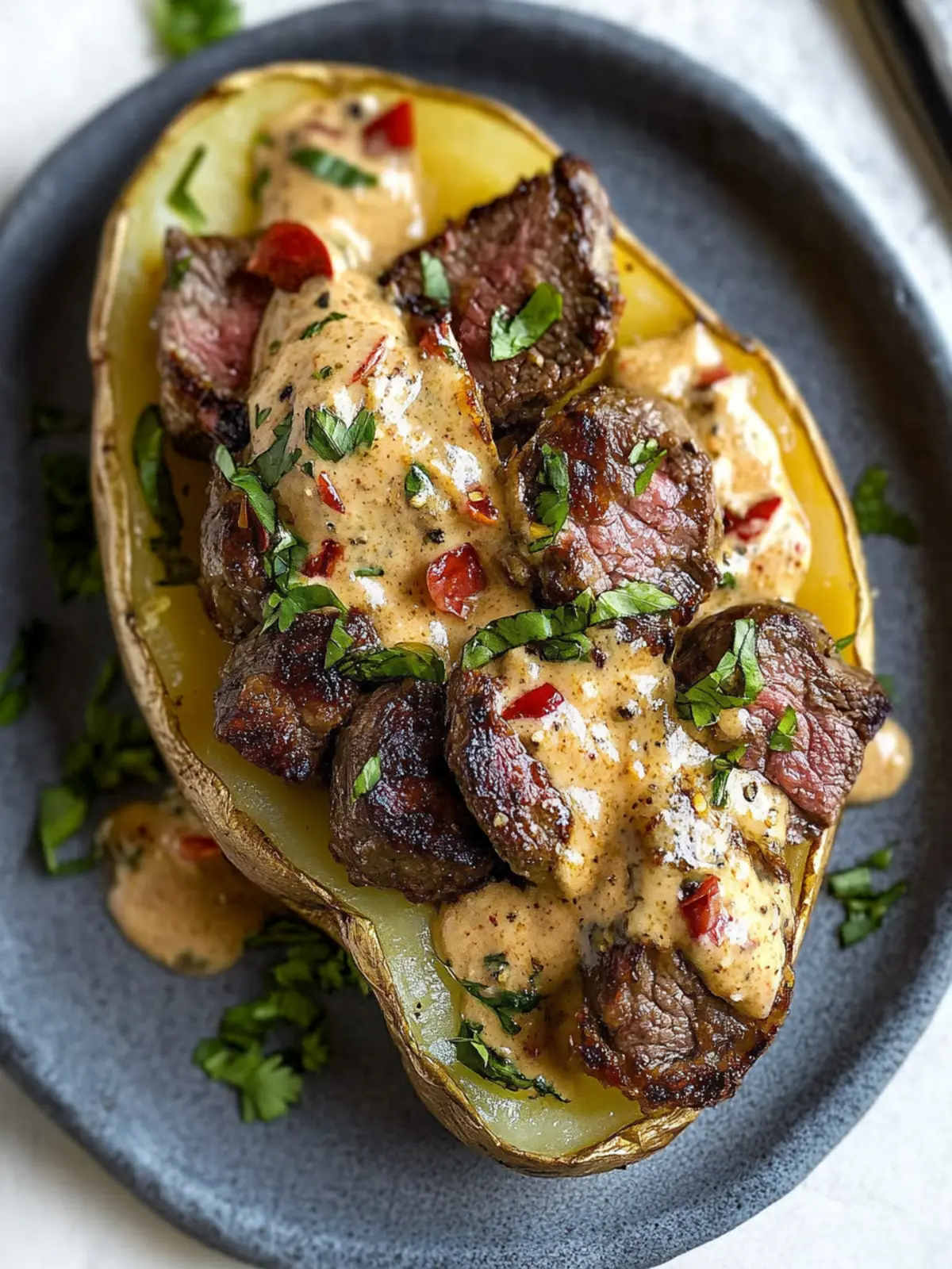 Ultimate Loaded Baked Potato with Steak Bites and Cream Sauce 5 Loaded Baked Potato with Steak Bites