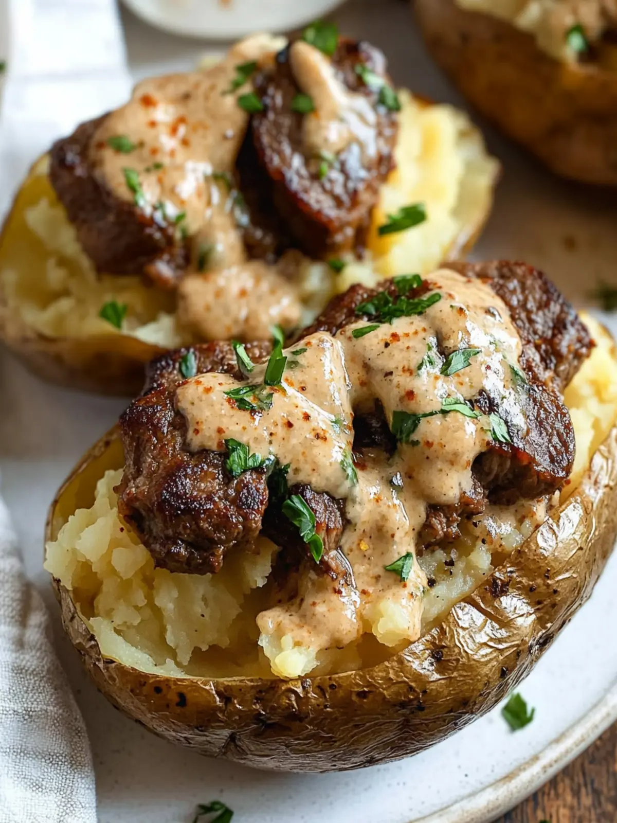 Ultimate Loaded Baked Potato with Steak Bites and Cream Sauce 3 Loaded Baked Potato with Steak Bites