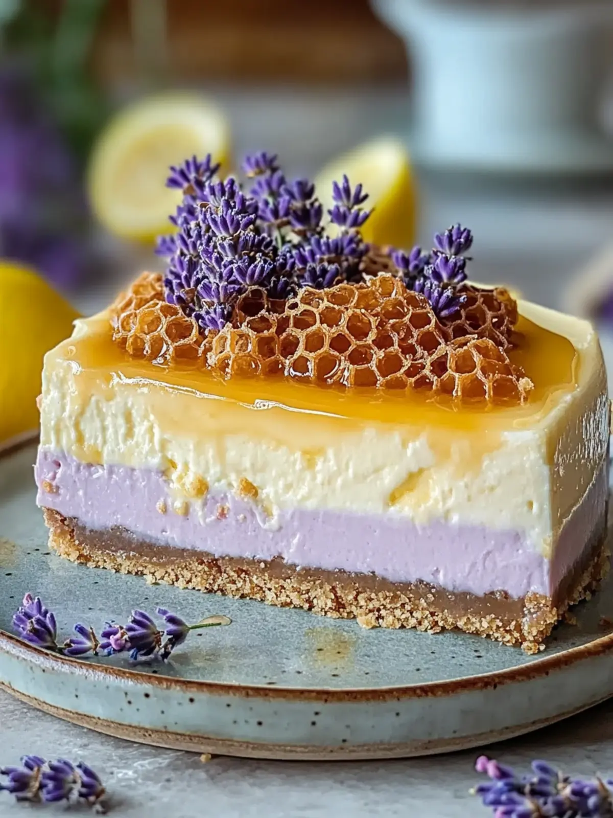Lemon Lavender Cheesecake with Honeycomb Delight Bliss 4 Lemon Lavender Cheesecake with Honeycomb Delight