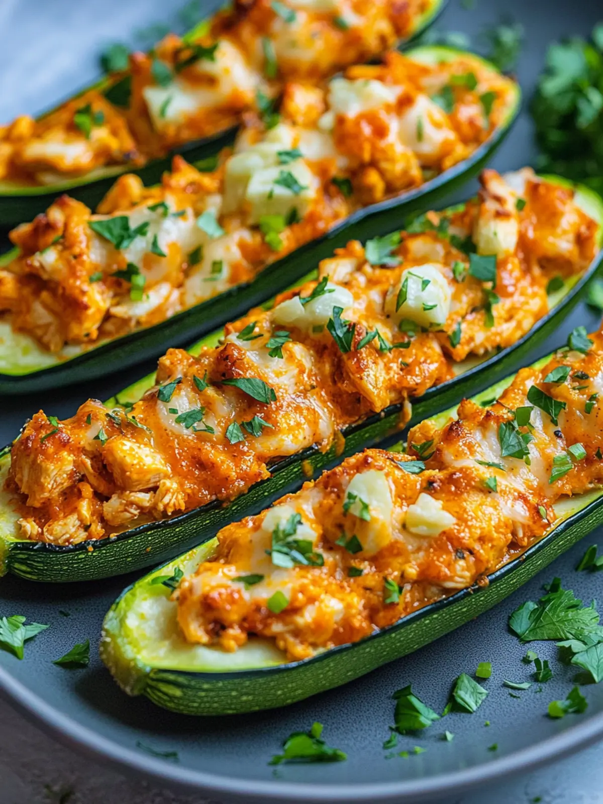 Delicious High Protein Buffalo Chicken Stuffed Zucchini Boats 3 High Protein Buffalo Chicken Stuffed Zucchini Boats