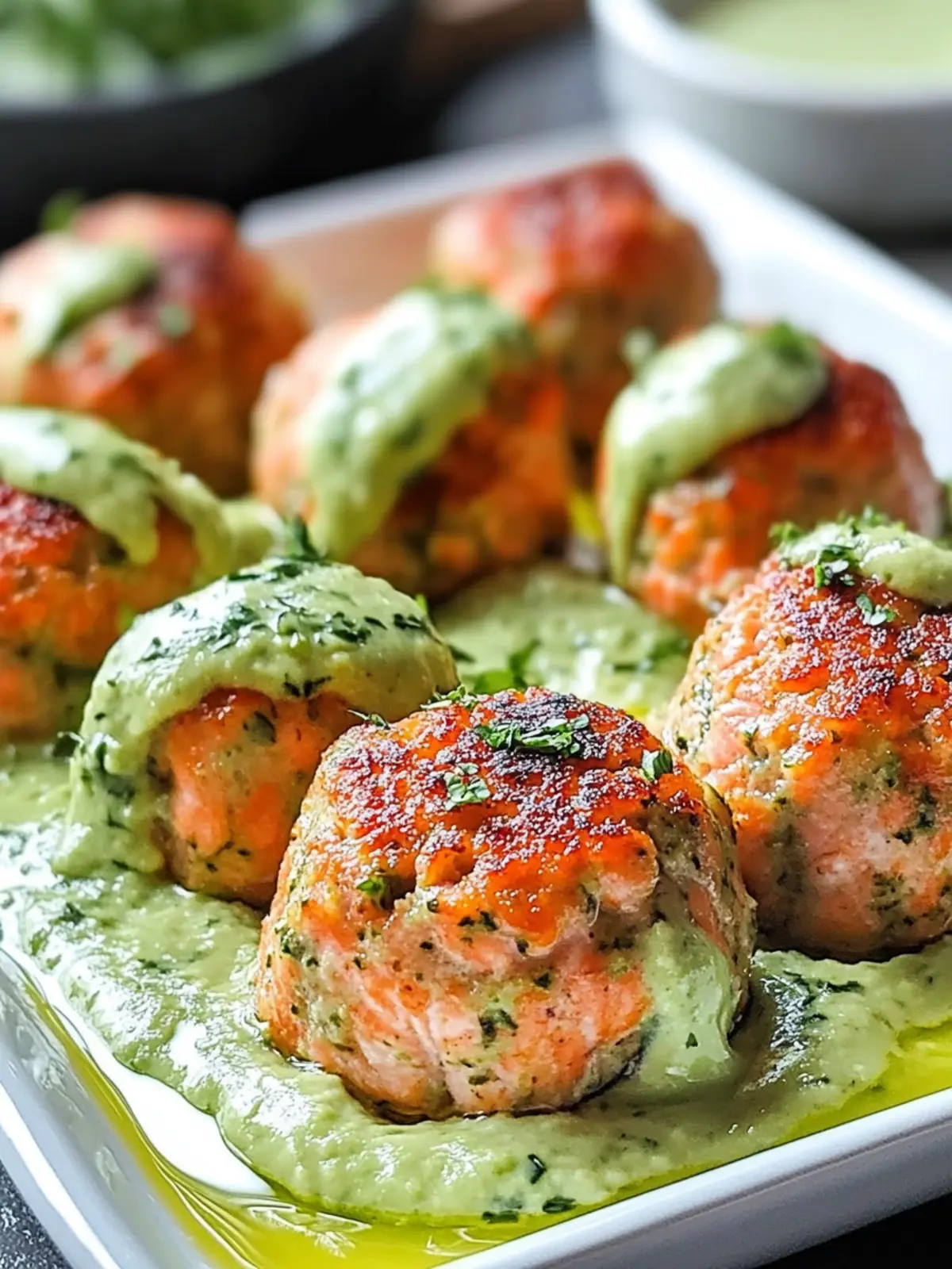 Baked Salmon Meatballs with Creamy Avocado Sauce You'll Love 3 Baked Salmon Meatballs with Creamy Avocado Sauce