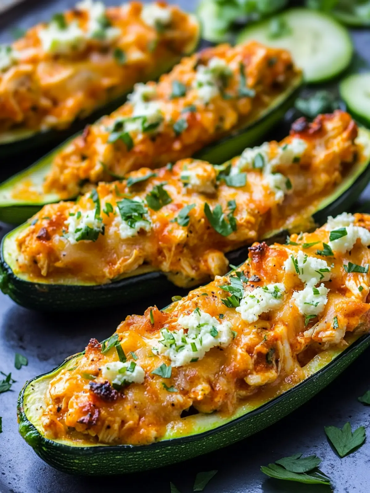 Delicious High Protein Buffalo Chicken Stuffed Zucchini Boats 2 High Protein Buffalo Chicken Stuffed Zucchini Boats