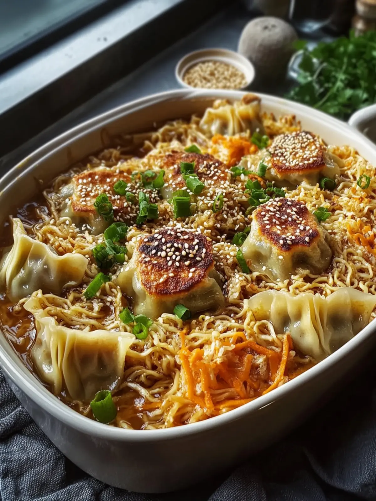 Ramen & Dumpling Bake with Sesame Sauce: Comfort in Every Bite 2 Ramen & Dumpling Bake with Sesame Sauce: A Must-Try Delight!
