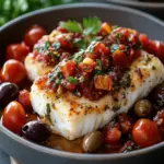 Mediterranean Baked Cod with Tomato & Olive Relish: 30 Min Delight 43 Mediterranean Baked Cod with Tomato & Olive Relish – Easy 30 Minute Dinner Full of Fresh Mediterranean Flavors