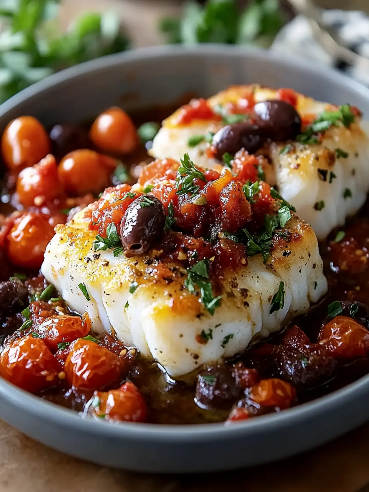 Mediterranean Baked Cod with Tomato & Olive Relish: 30 Min Delight 2 Mediterranean Baked Cod with Tomato & Olive Relish – Easy 30 Minute Dinner Full of Fresh Mediterranean Flavors