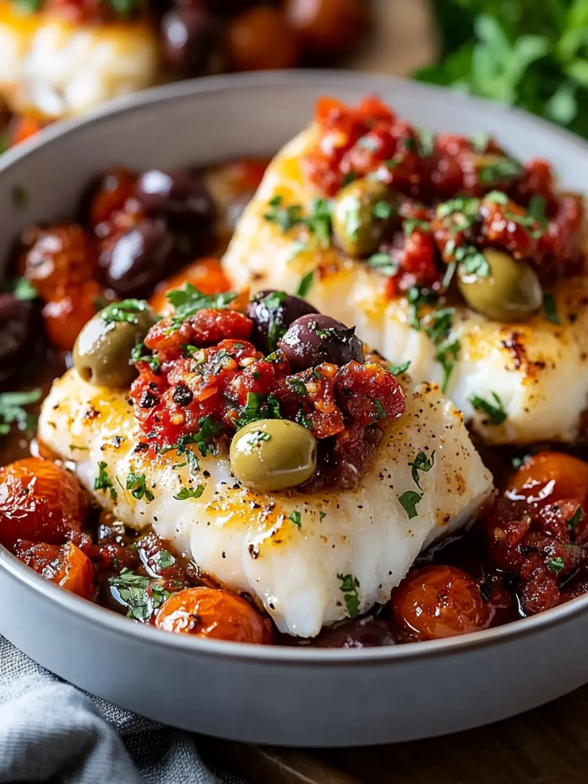 Mediterranean Baked Cod with Tomato & Olive Relish: 30 Min Delight 4 Mediterranean Baked Cod with Tomato & Olive Relish – Easy 30 Minute Dinner Full of Fresh Mediterranean Flavors