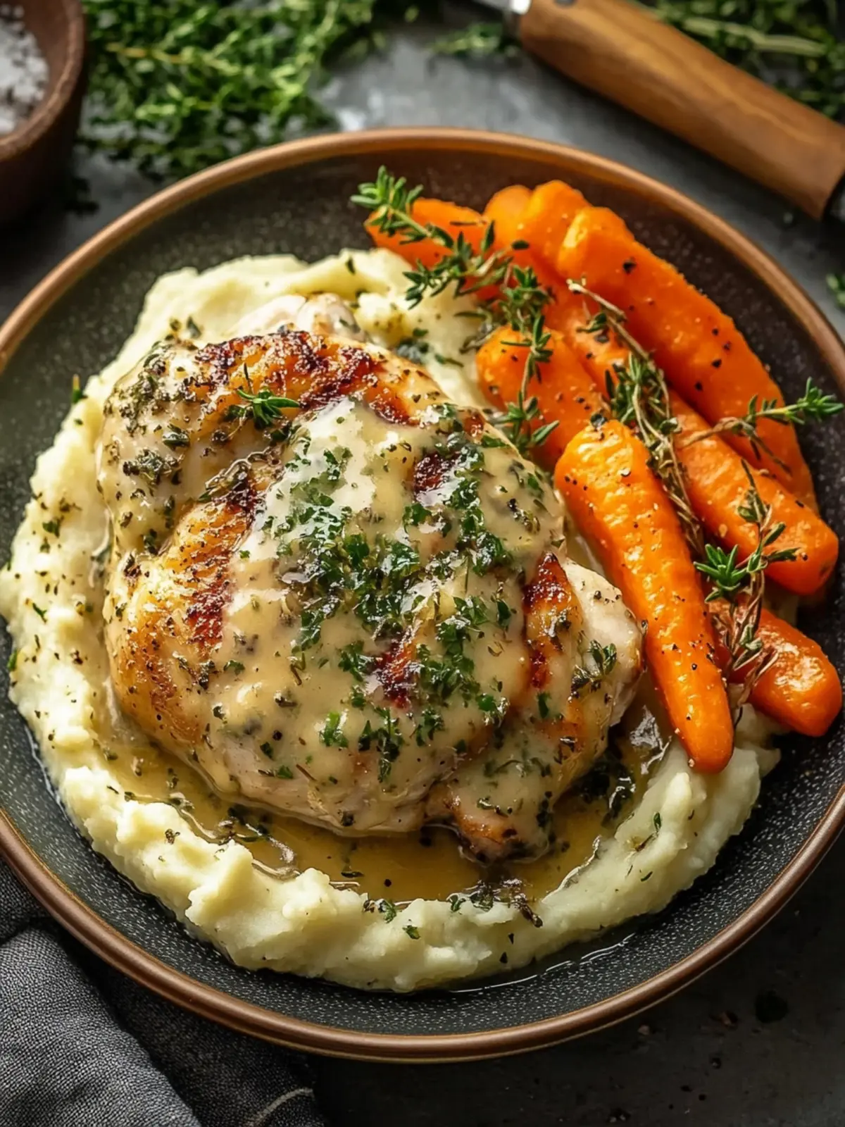 Creamy Herb Chicken with Mashed Potatoes & Glazed Carrots Delight 3 Creamy Herb Chicken with Mashed Potatoes & Glazed Carrots