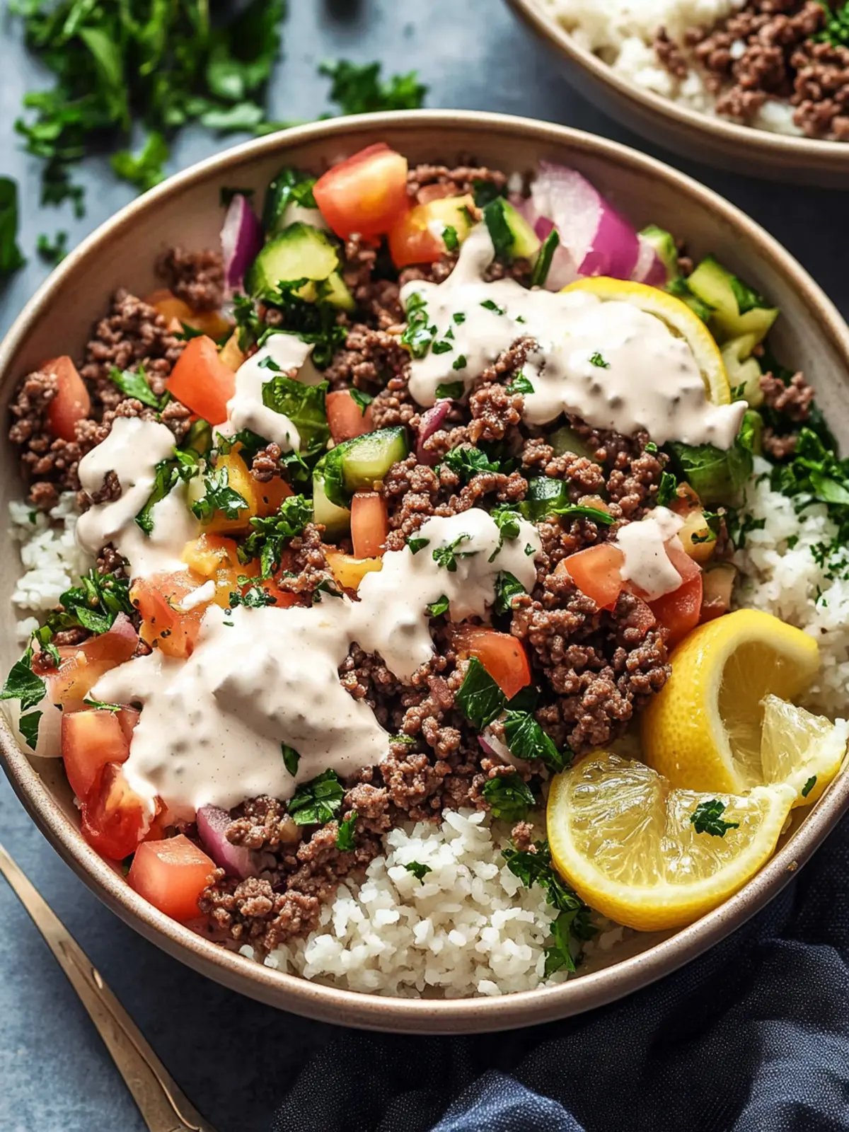 Mediterranean Ground Beef Bowls with Zesty Lemon Tahini Sauce 3 Mediterranean Ground Beef Bowls with Lemon Tahini Sauce