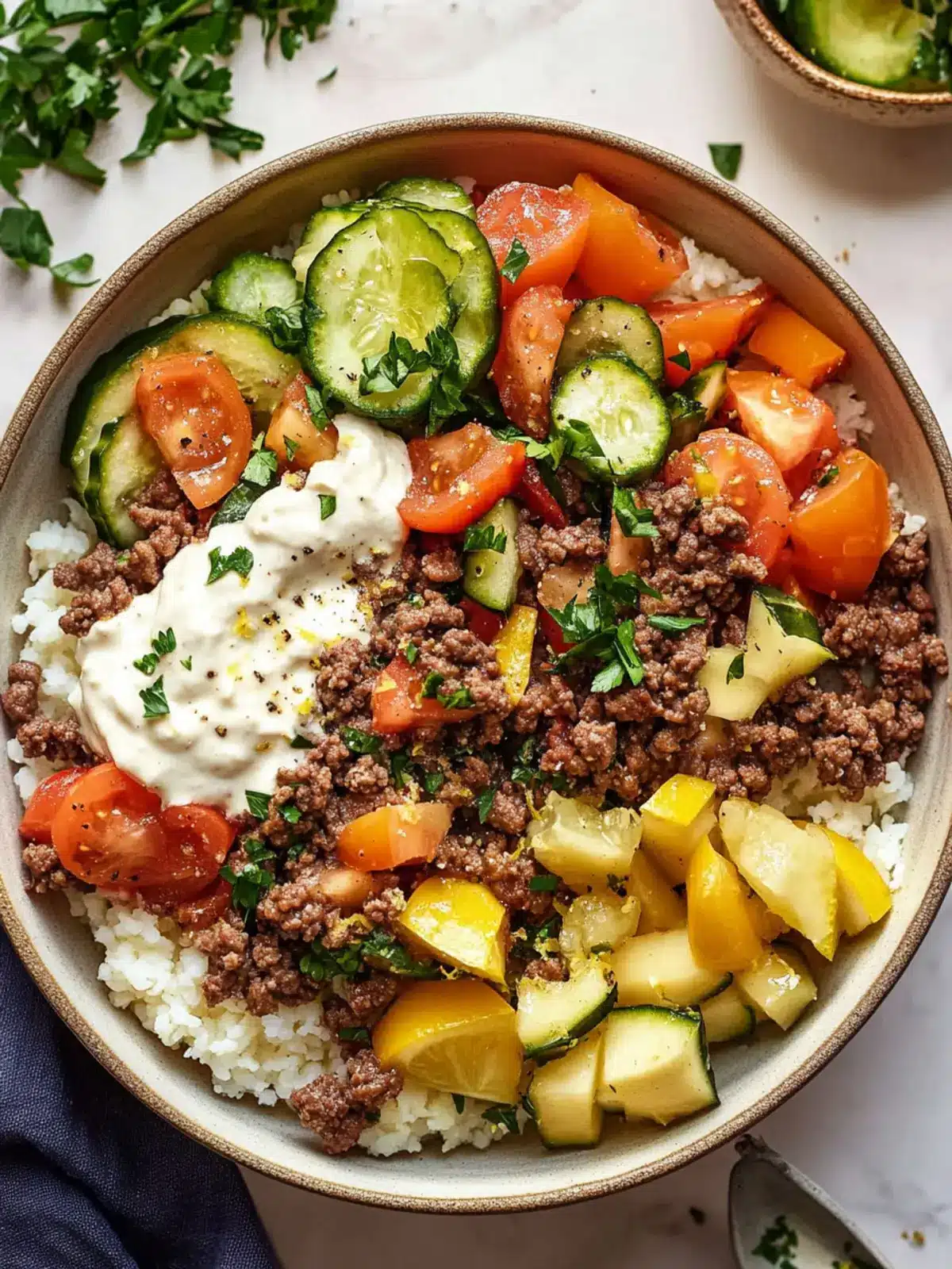 Mediterranean Ground Beef Bowls with Zesty Lemon Tahini Sauce 5 Mediterranean Ground Beef Bowls with Lemon Tahini Sauce