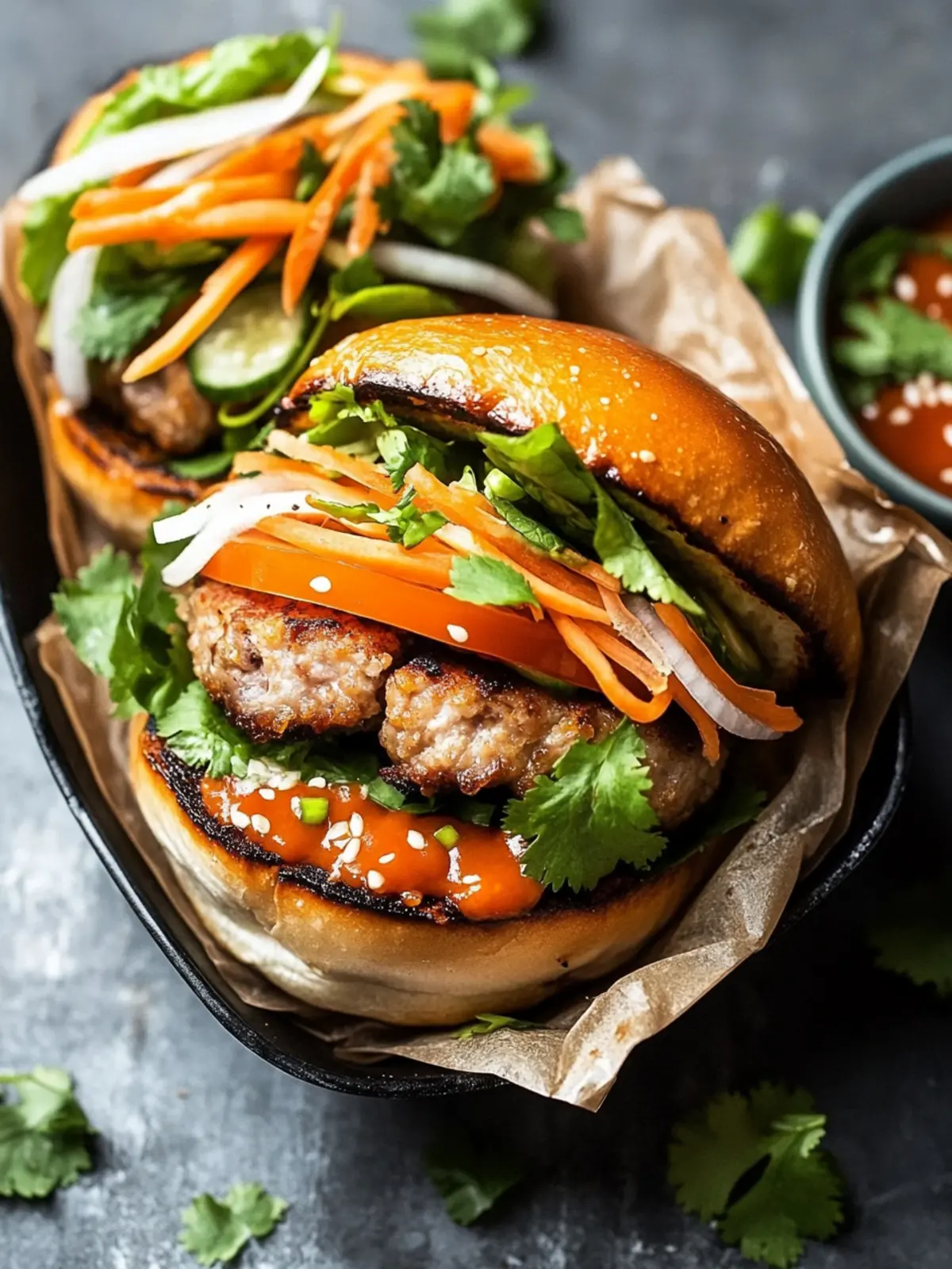 Savory Pork Banh Mi Burger with a Zesty Sriracha Twist 2 Pork Banh Mi Burger