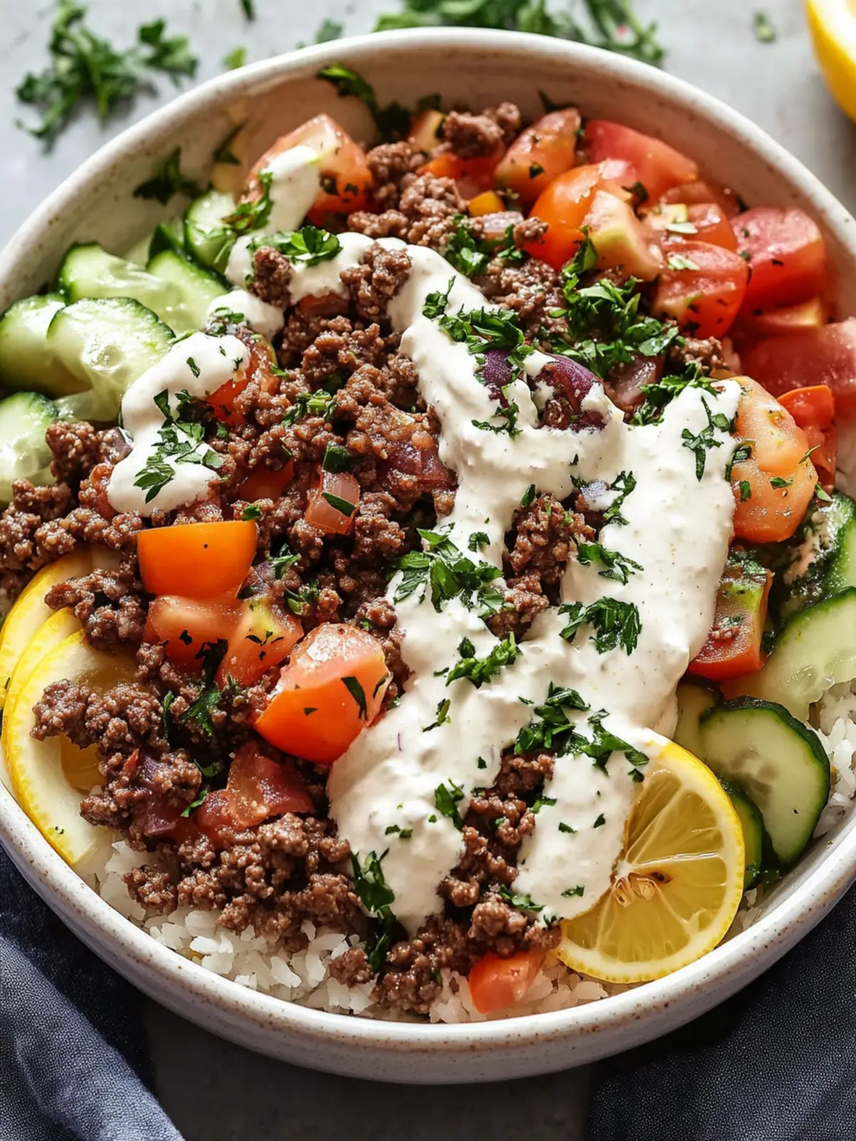 Mediterranean Ground Beef Bowls with Zesty Lemon Tahini Sauce 4 Mediterranean Ground Beef Bowls with Lemon Tahini Sauce