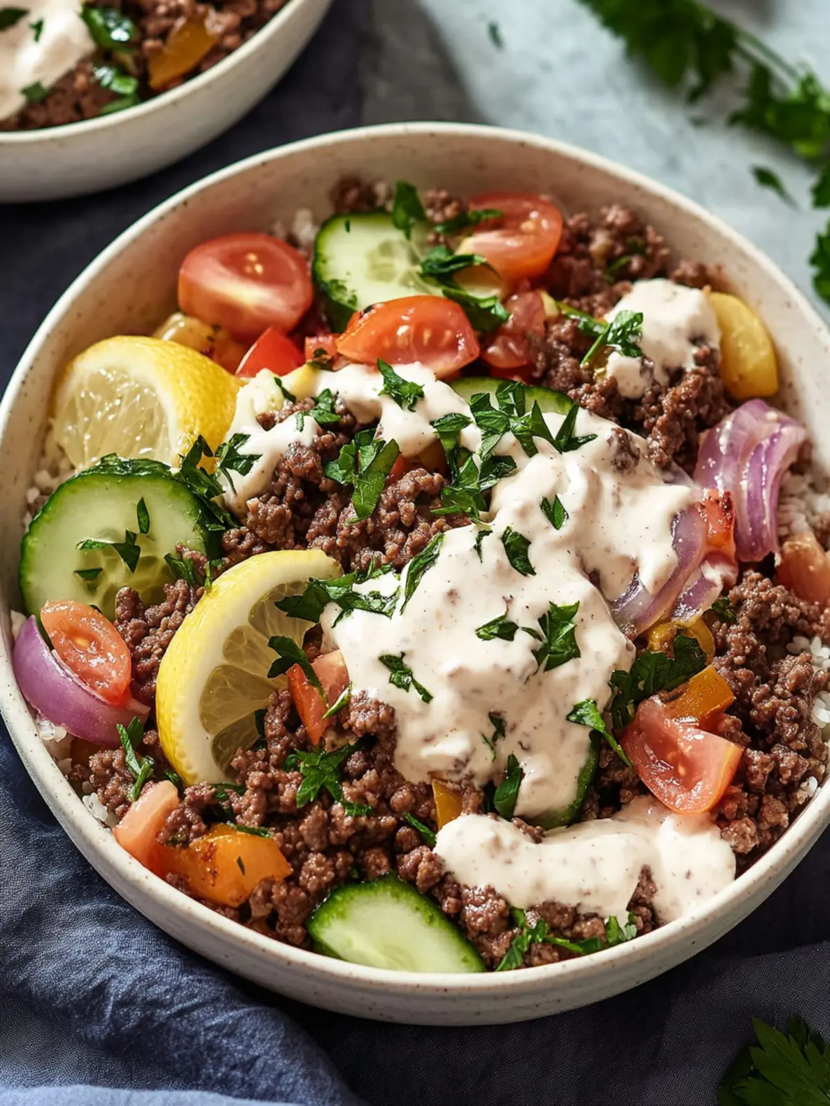 Mediterranean Ground Beef Bowls with Zesty Lemon Tahini Sauce 2 Mediterranean Ground Beef Bowls with Lemon Tahini Sauce