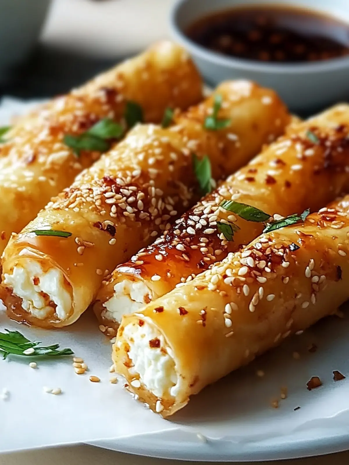 Crispy Feta Rolls with Chili-Honey Glaze: Effortless Delight 4 Crispy Feta Rolls with Chili-Honey Glaze: Easy Oven-Baked Appetizer Recipe