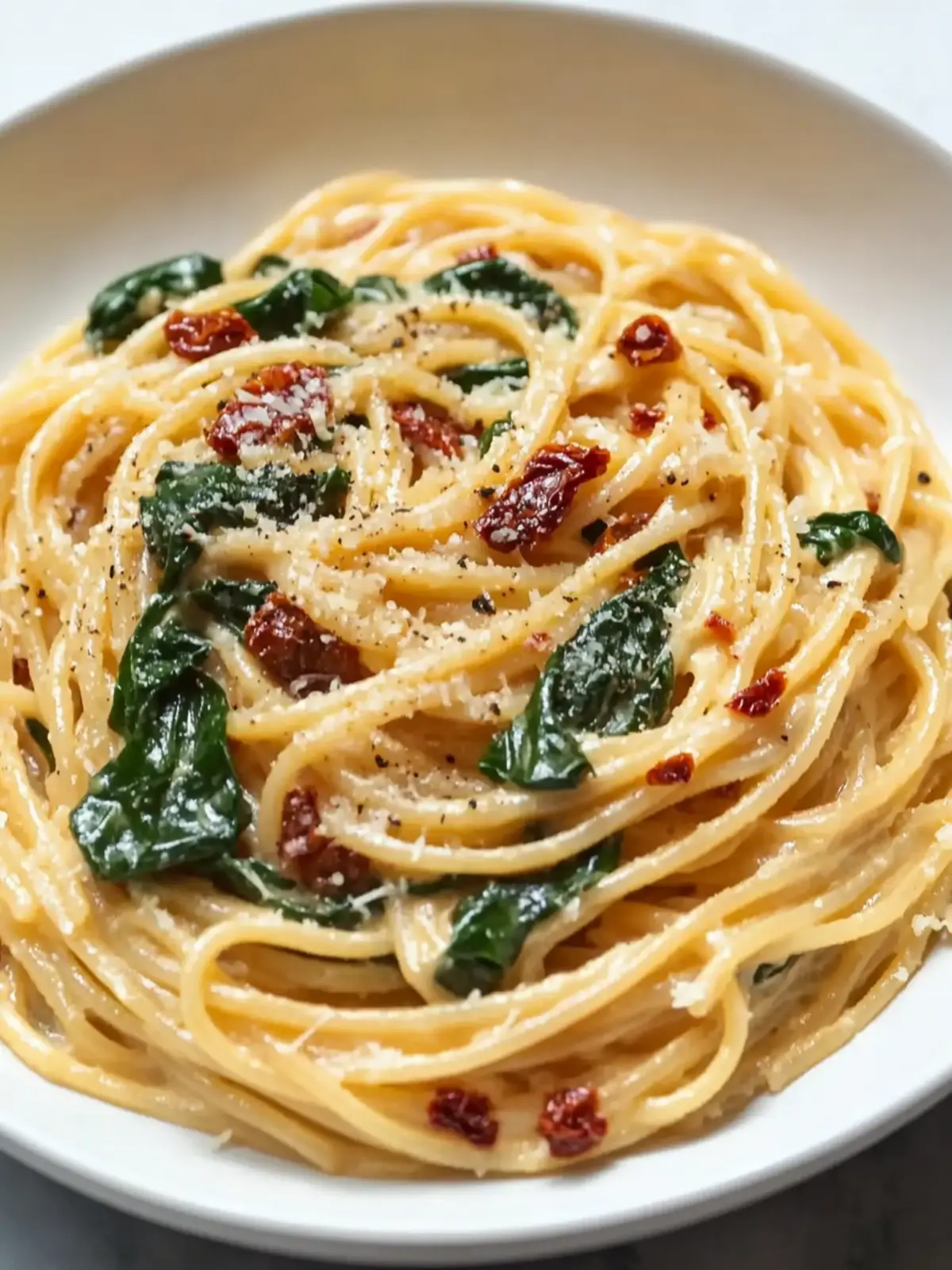 Creamy Spaghetti & Spinach with Sun-Dried Tomato Bliss 2 Spaghetti & Spinach with Sun-Dried Tomato Cream Sauce